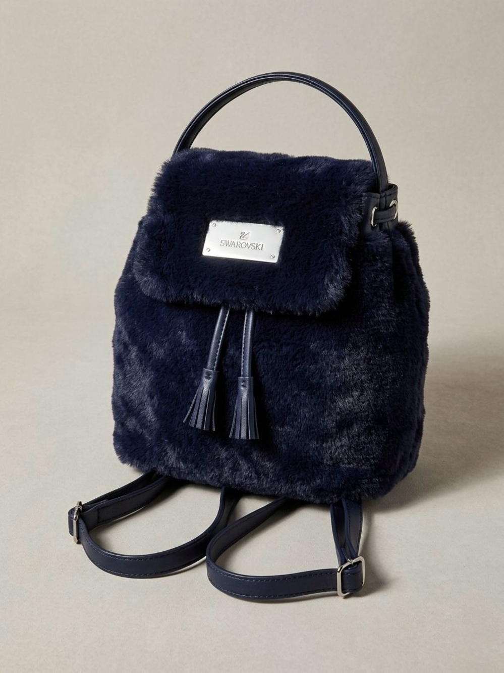 Swarovski Navy Blue Faux Fur Mini Backpack Drawstring Bag Plaque